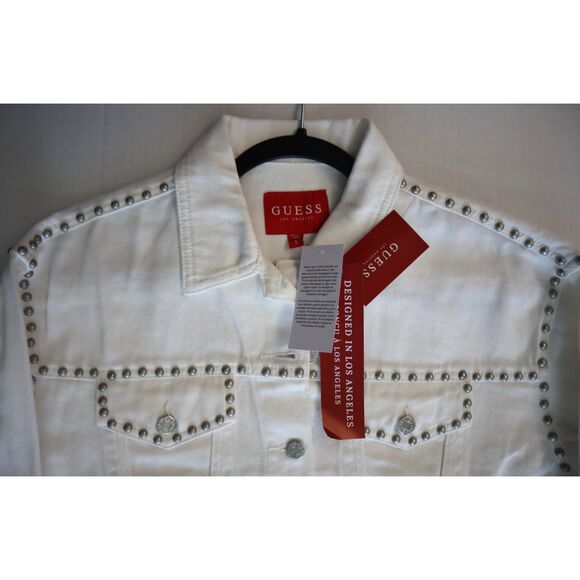 Guess Women's Sz S Kikoi Flower White Cara Floral Studded Denim Jacket - Picture 11 of 14